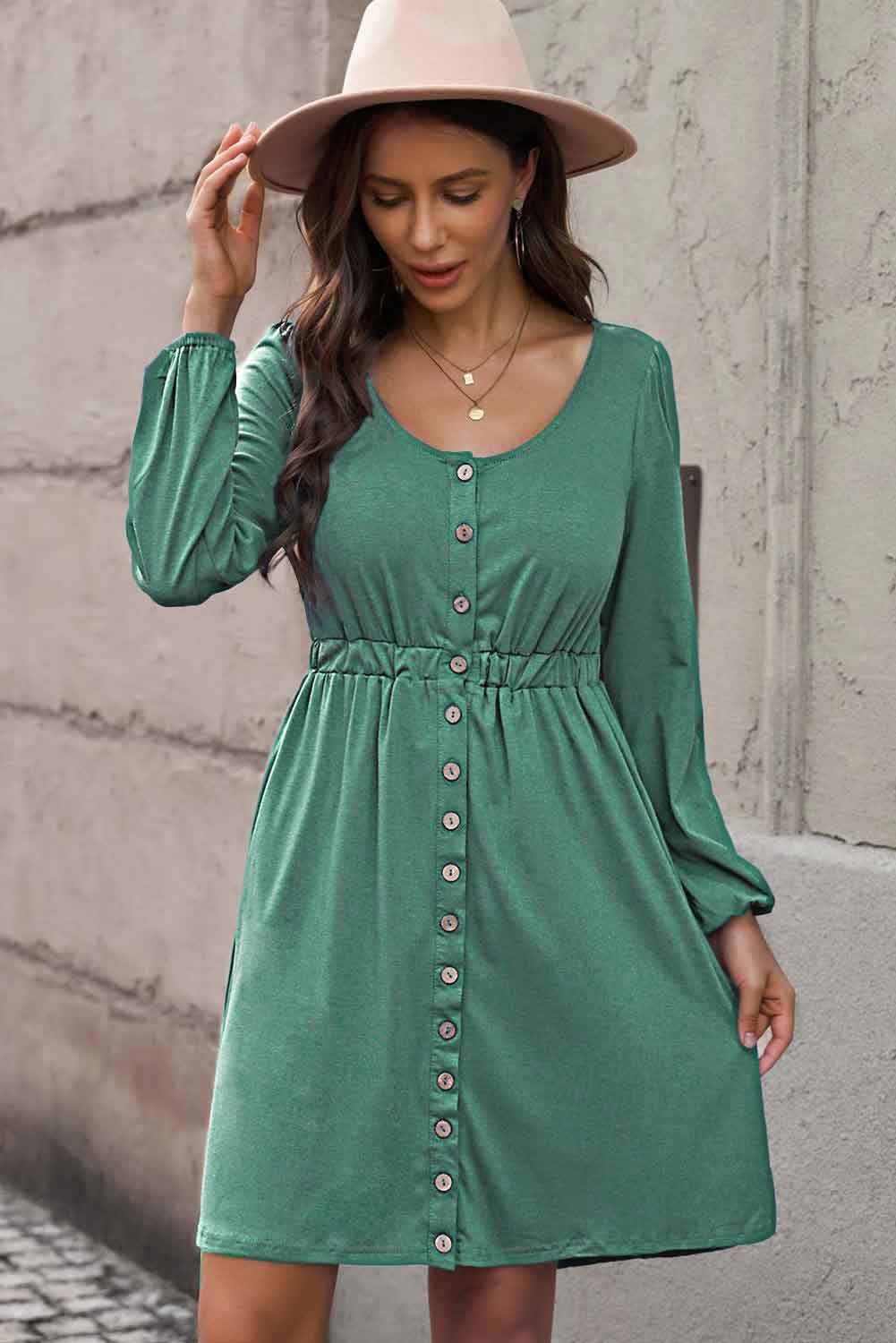 Plus Size Button Front Elastic Waist Long Sleeve Dress - Body By J'ne