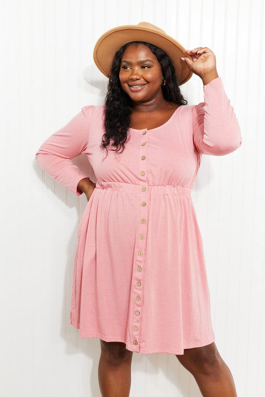 Plus Size Button Front Elastic Waist Long Sleeve Dress - Body By J'ne