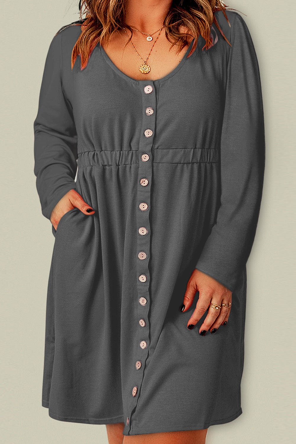 Plus Size Button Front Elastic Waist Long Sleeve Dress - Body By J'ne