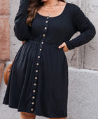 Plus Size Button Front Elastic Waist Long Sleeve Dress - Body By J'ne