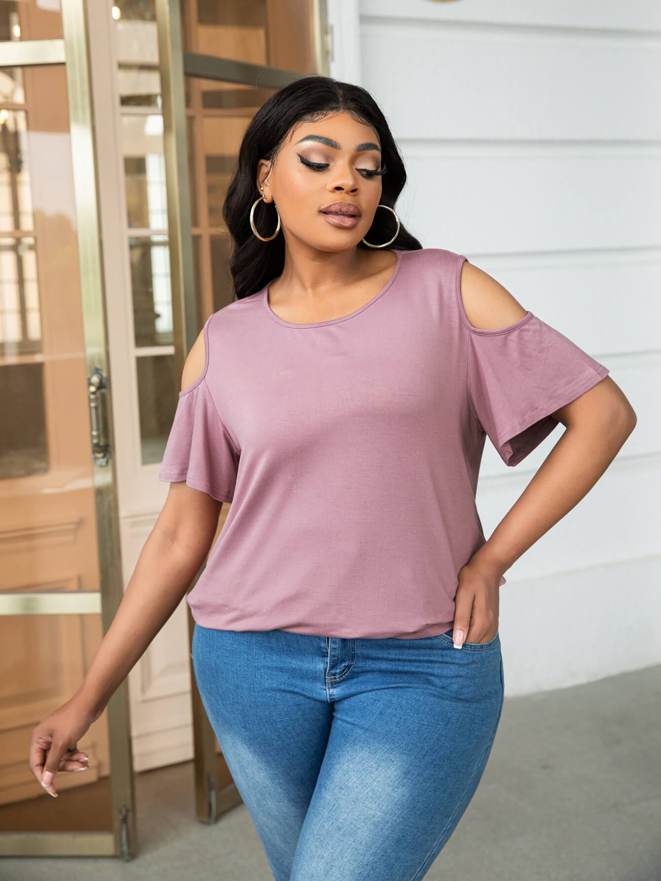 Plus Size Cold-Shoulder Round Neck Curved Hem Tee - Body By J'ne