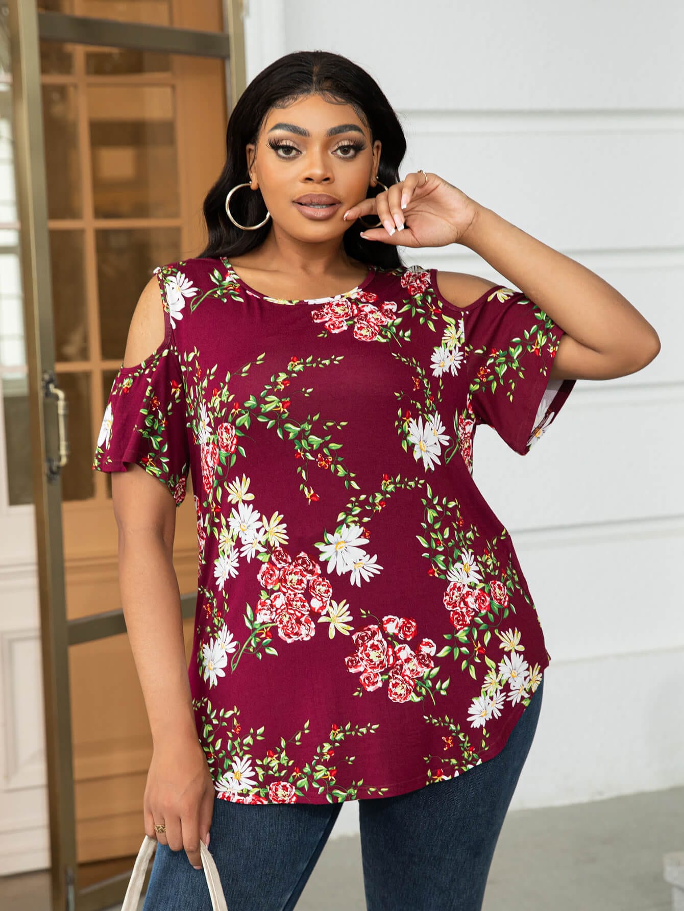 Plus Size Cold-Shoulder Round Neck Curved Hem Tee - Body By J'ne