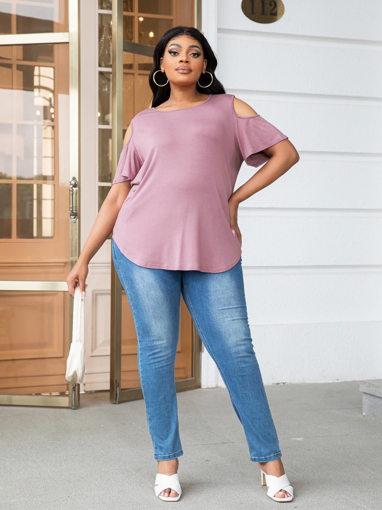 Plus Size Cold-Shoulder Round Neck Curved Hem Tee - Body By J'ne