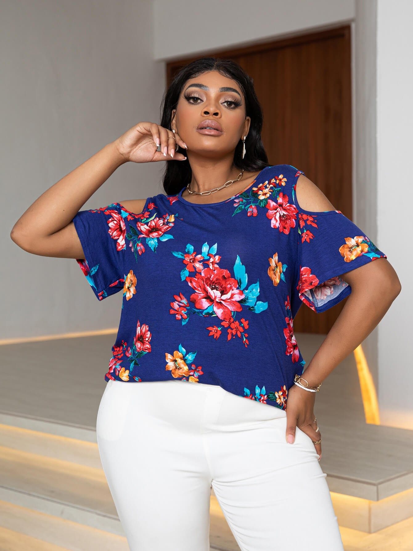 Plus Size Cold-Shoulder Round Neck Curved Hem Tee - Body By J'ne