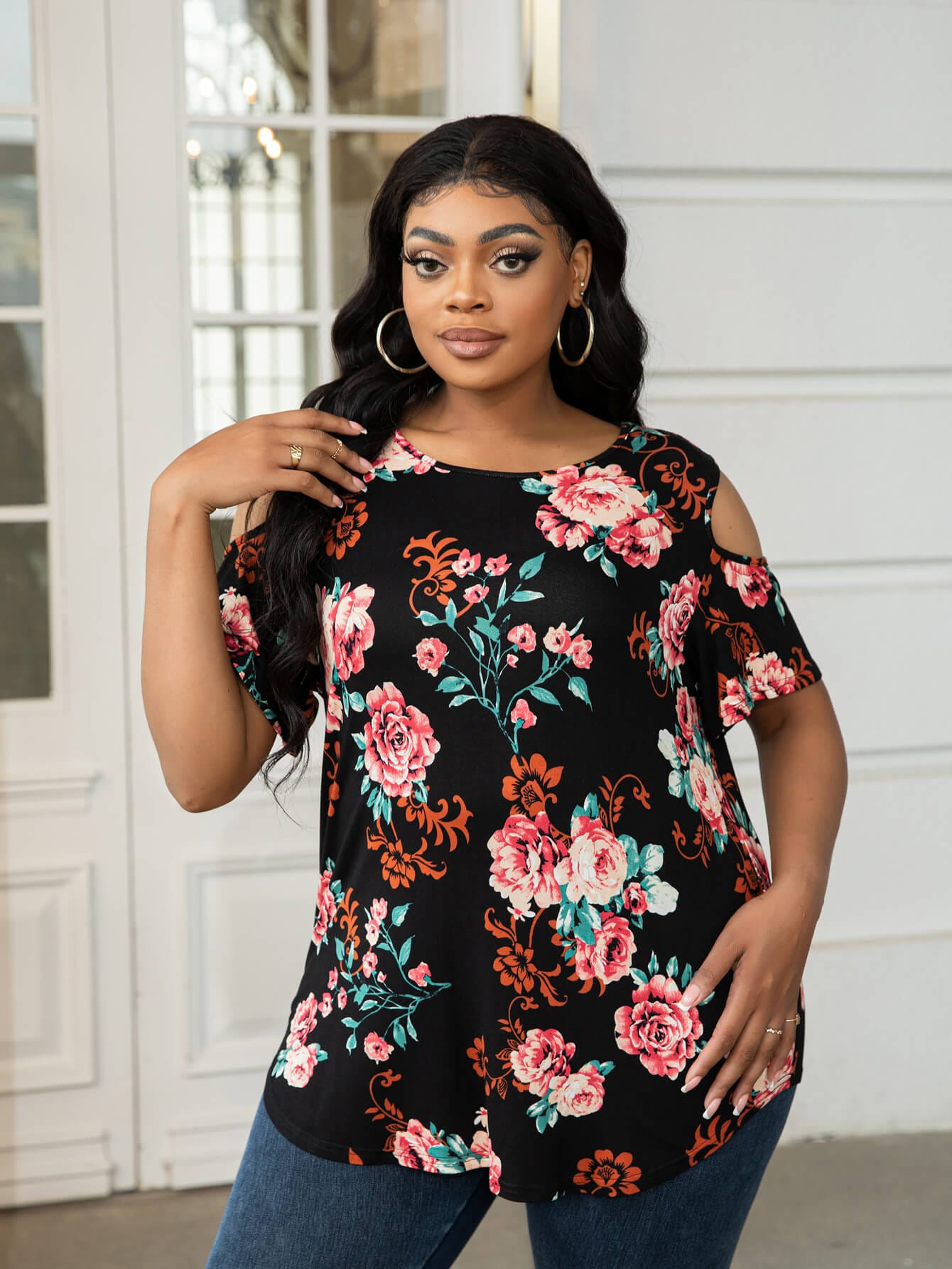 Plus Size Cold-Shoulder Round Neck Curved Hem Tee - Body By J'ne