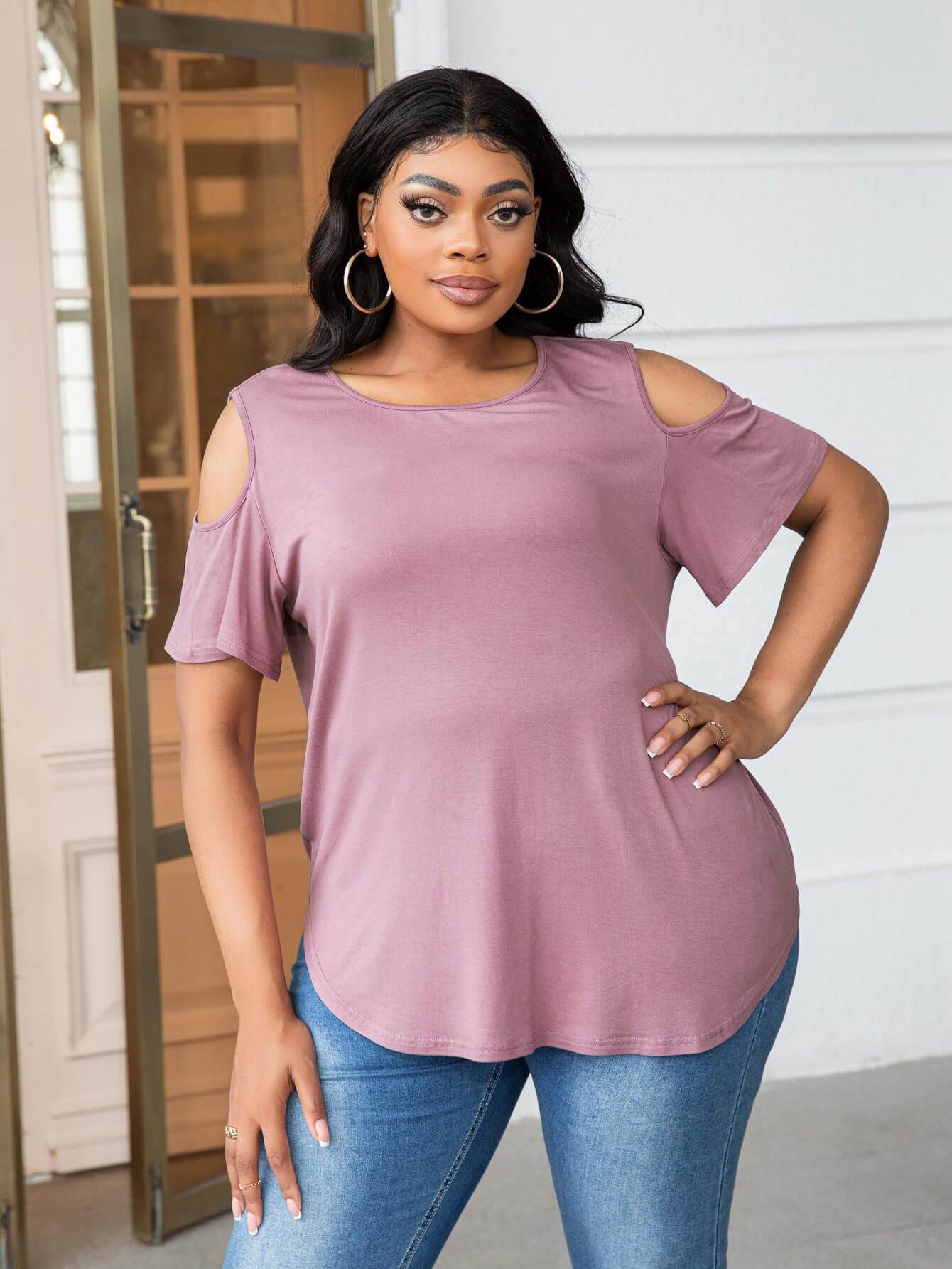 Plus Size Cold-Shoulder Round Neck Curved Hem Tee - Body By J'ne