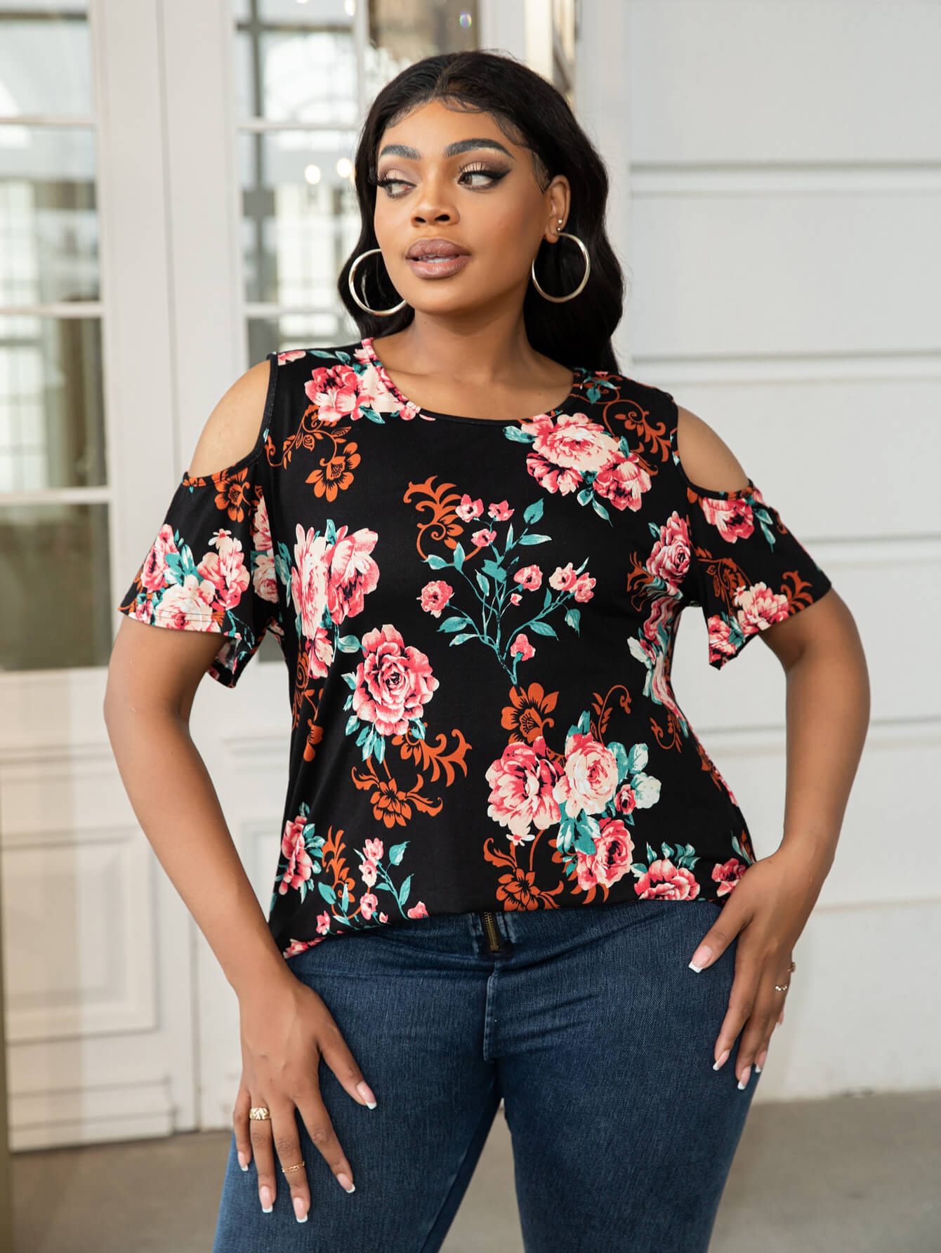 Plus Size Cold-Shoulder Round Neck Curved Hem Tee - Body By J'ne