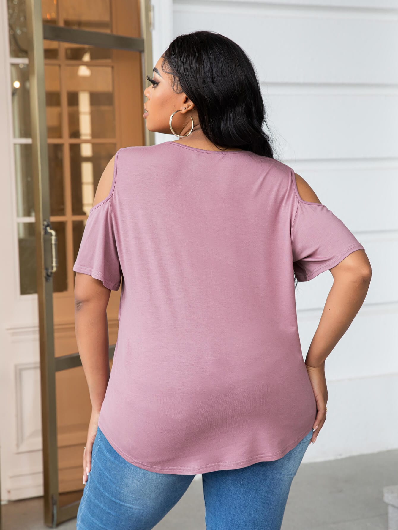 Plus Size Cold-Shoulder Round Neck Curved Hem Tee - Body By J'ne