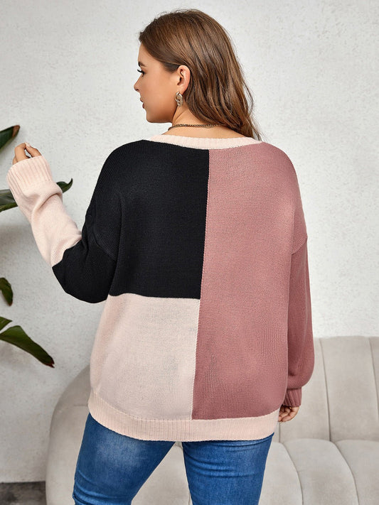 Plus Size Color Block Long Sleeve Sweater - Body By J'ne