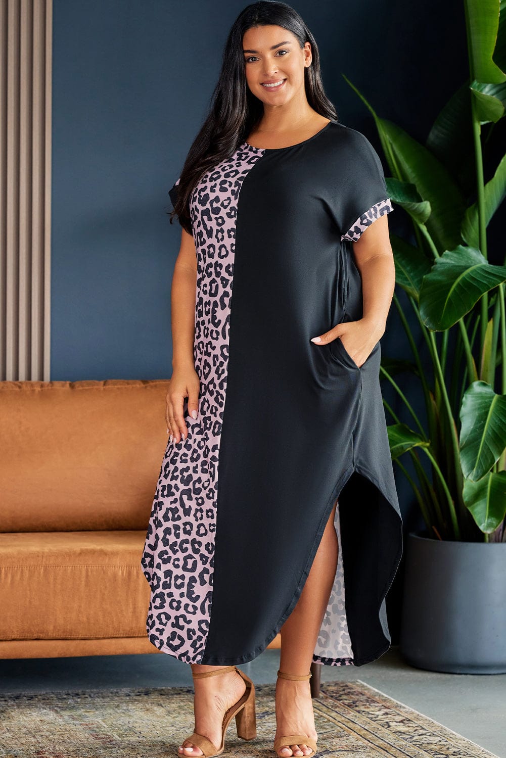 Plus Size Contrast Leopard Short Sleeve Midi Dress - Body By J'ne