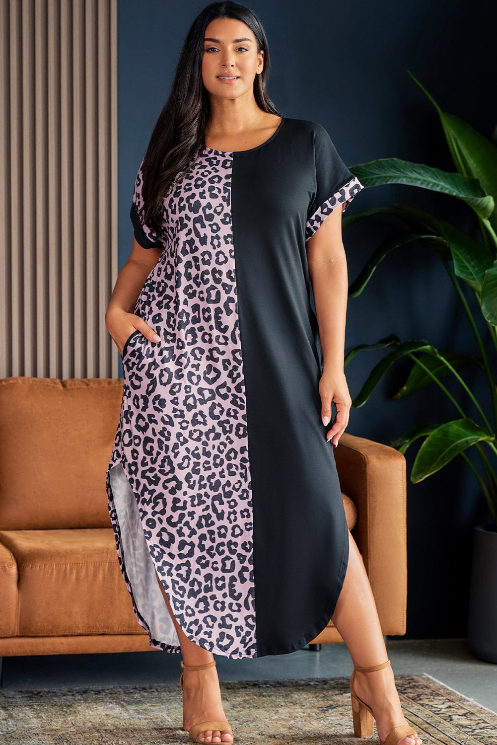 Plus Size Contrast Leopard Short Sleeve Midi Dress - Body By J'ne
