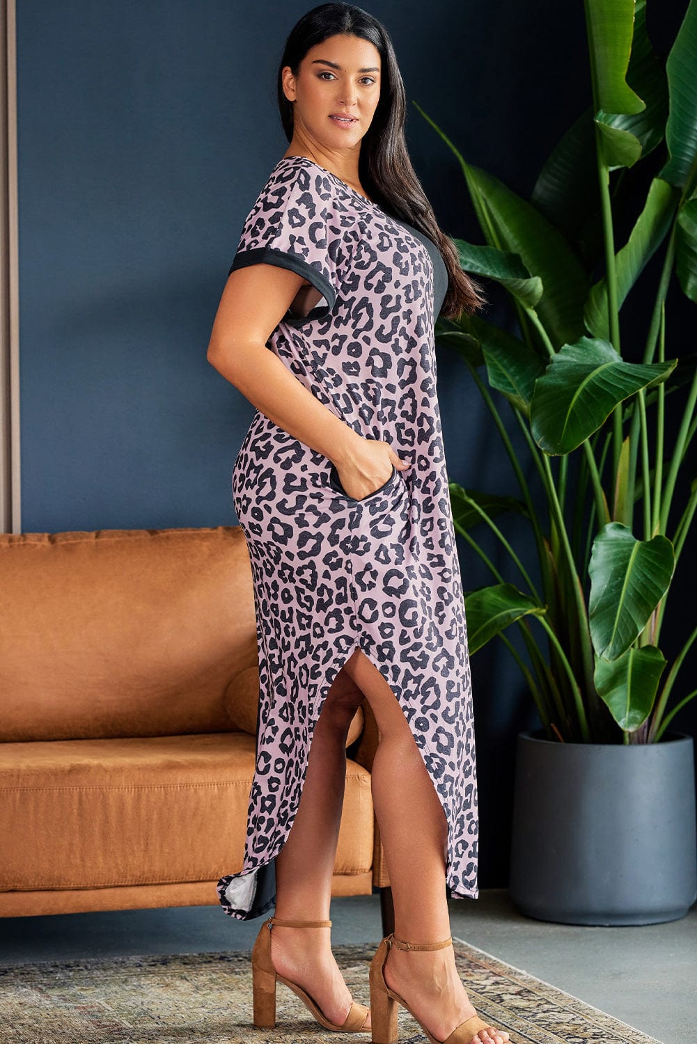 Plus Size Contrast Leopard Short Sleeve Midi Dress - Body By J'ne