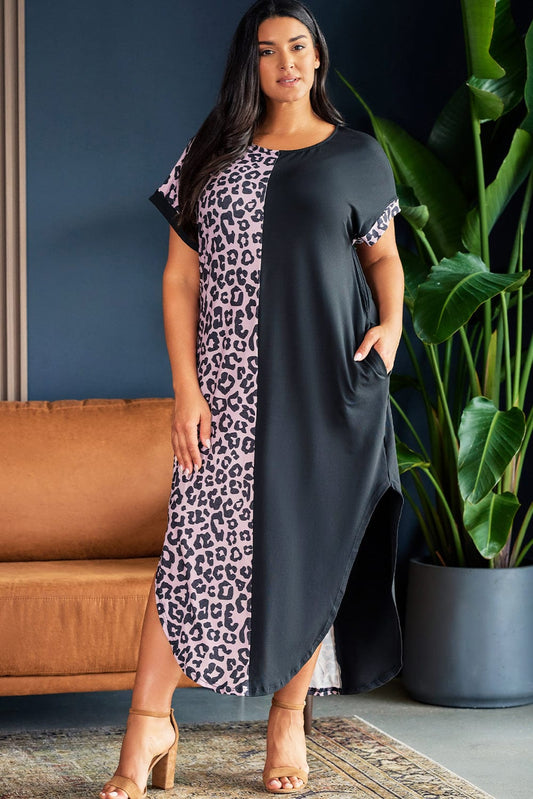 Plus Size Contrast Leopard Short Sleeve Midi Dress - Body By J'ne