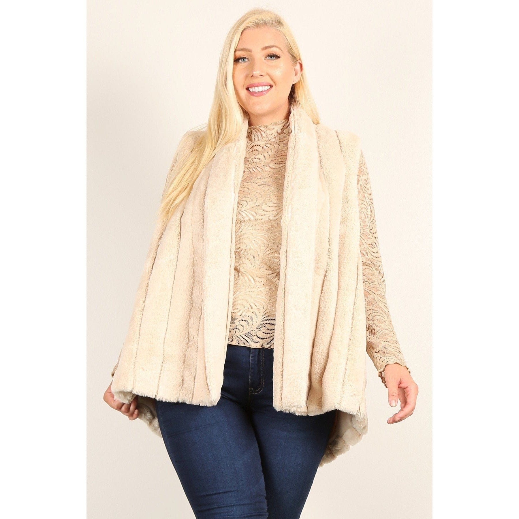 Plus Size Faux Fur Vest Jacket With Open Front, Hi-lo Hem, And Pockets - Body By J'ne