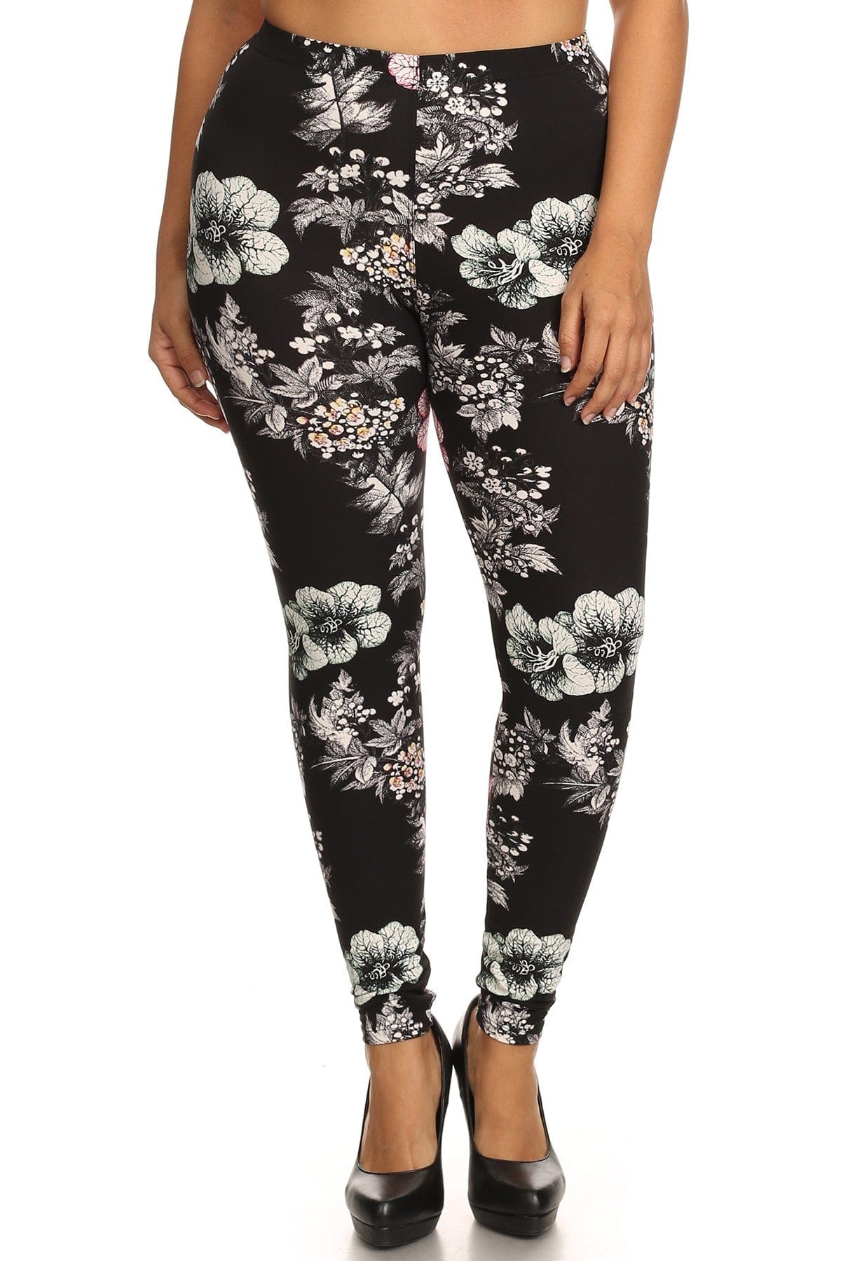 Plus Size Floral Graphic Printed Jersey Knit Legging With Elastic Waistband Detail - Body By J'ne
