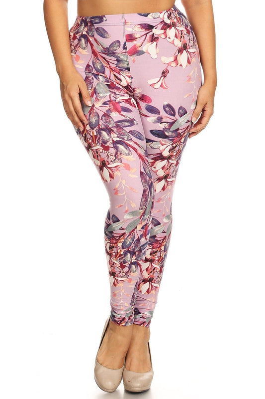 Plus Size Floral Print, Full Length Leggings In A Slim Fitting Style With A Banded High Waist - Body By J'ne