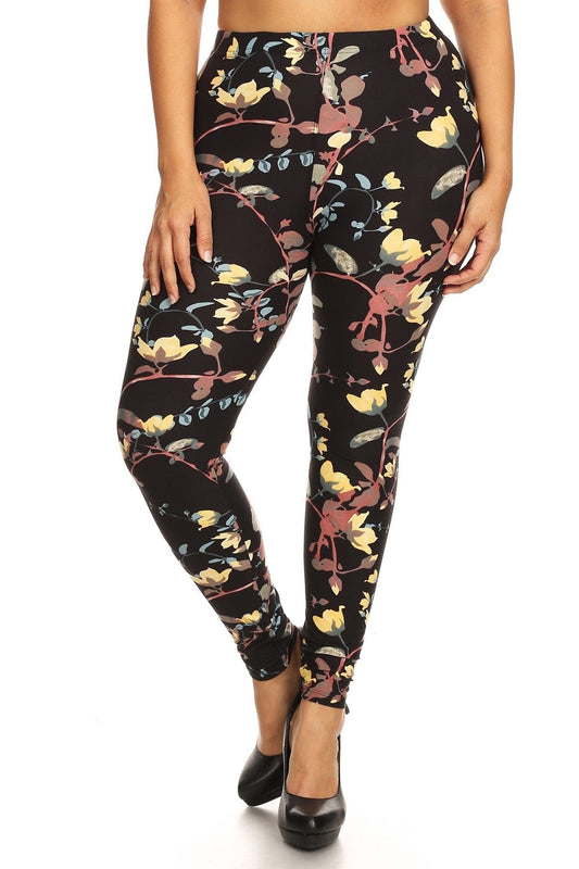 Plus Size Floral Print, Full Length Leggings In A Slim Fitting Style With A Banded High Waist - Body By J'ne