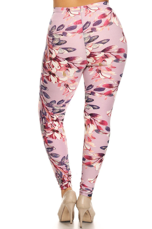 Plus Size Floral Print, Full Length Leggings In A Slim Fitting Style With A Banded High Waist - Body By J'ne