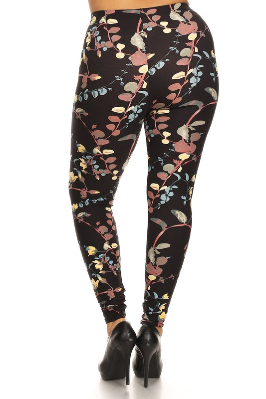 Plus Size Floral Print, Full Length Leggings In A Slim Fitting Style With A Banded High Waist - Body By J'ne