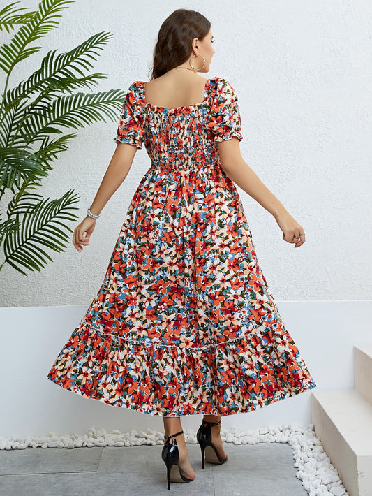 Plus Size Floral Smocked Square Neck Dress - Body By J'ne