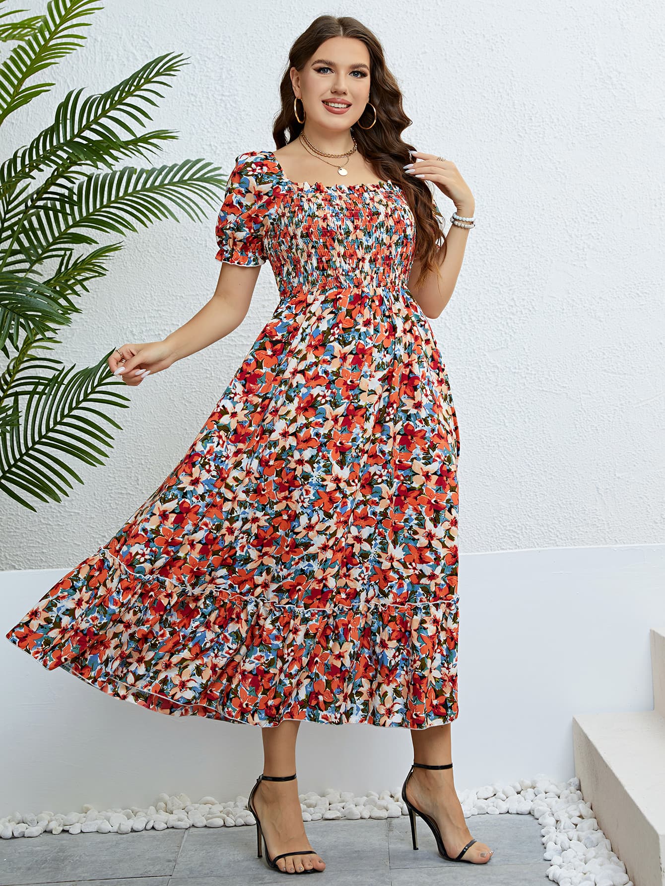 Plus Size Floral Smocked Square Neck Dress - Body By J'ne