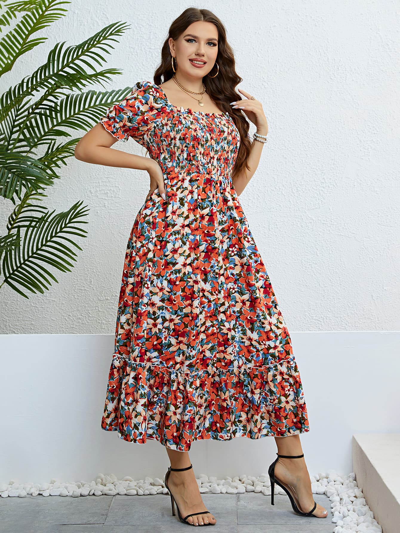 Plus Size Floral Smocked Square Neck Dress - Body By J'ne