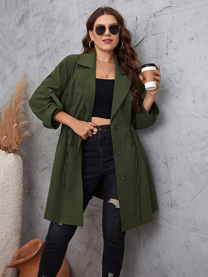 Plus Size Lapel Collar Roll-Tab Sleeve Trench Coat - Body By J'ne