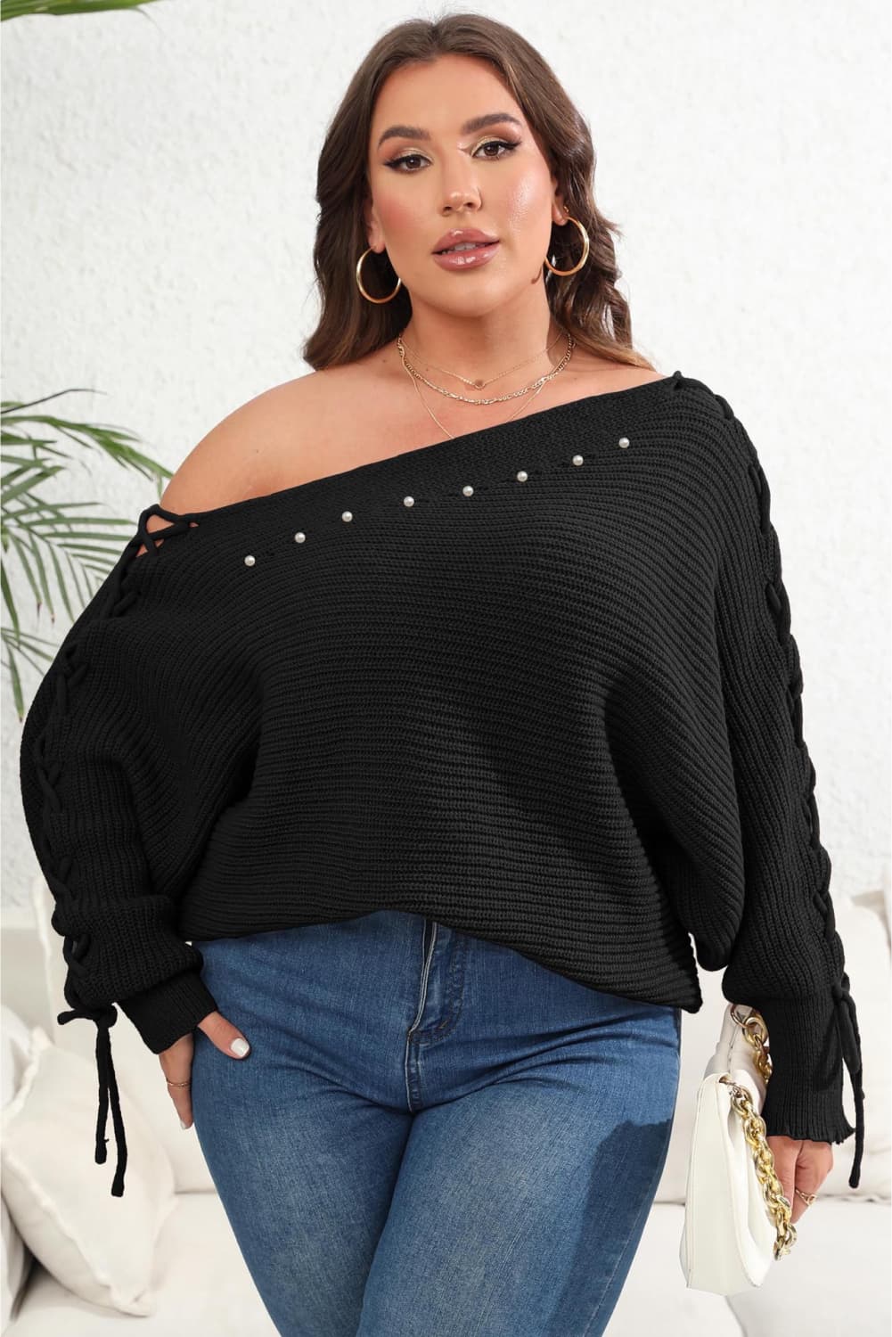 Plus Size One Shoulder Beaded Sweater - Body By J'ne