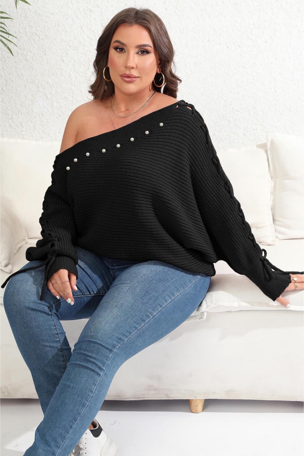 Plus Size One Shoulder Beaded Sweater - Body By J'ne