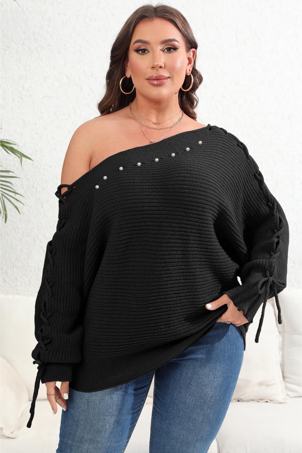 Plus Size One Shoulder Beaded Sweater - Body By J'ne