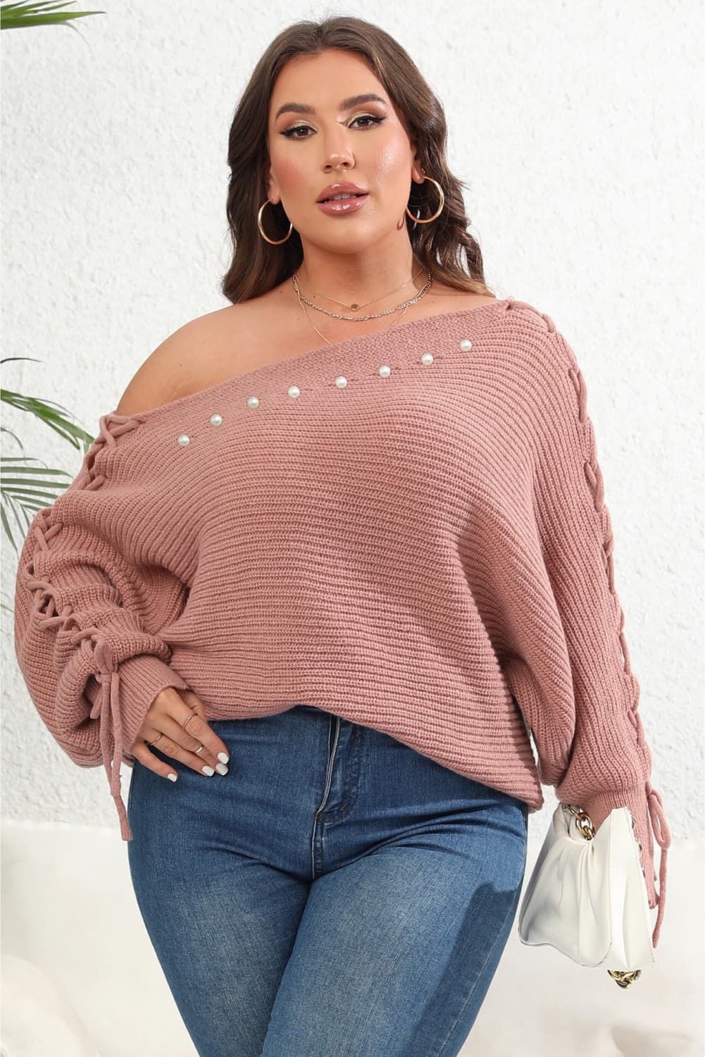 Plus Size One Shoulder Beaded Sweater - Body By J'ne