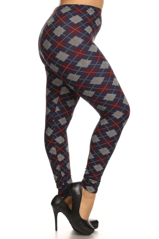 Plus Size Plaid Graphic Printed Knit Legging With Elastic Waist Detail - Body By J'ne