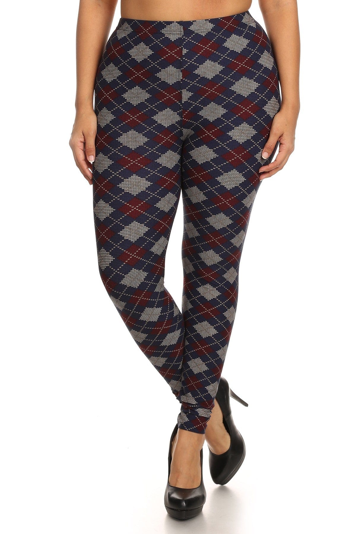 Plus Size Plaid Graphic Printed Knit Legging With Elastic Waist Detail - Body By J'ne
