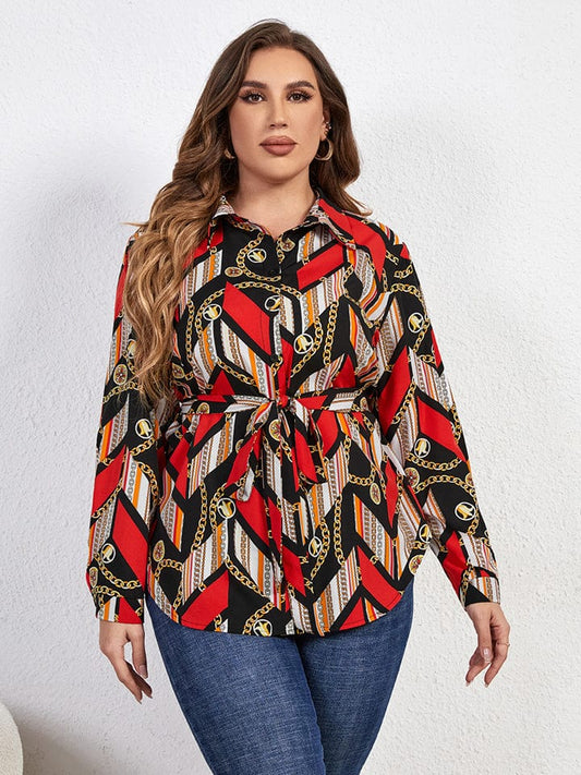 Plus Size Printed Collared Neck Tie Waist Long Sleeve Shirt - Body By J'ne