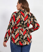 Plus Size Printed Collared Neck Tie Waist Long Sleeve Shirt - Body By J'ne