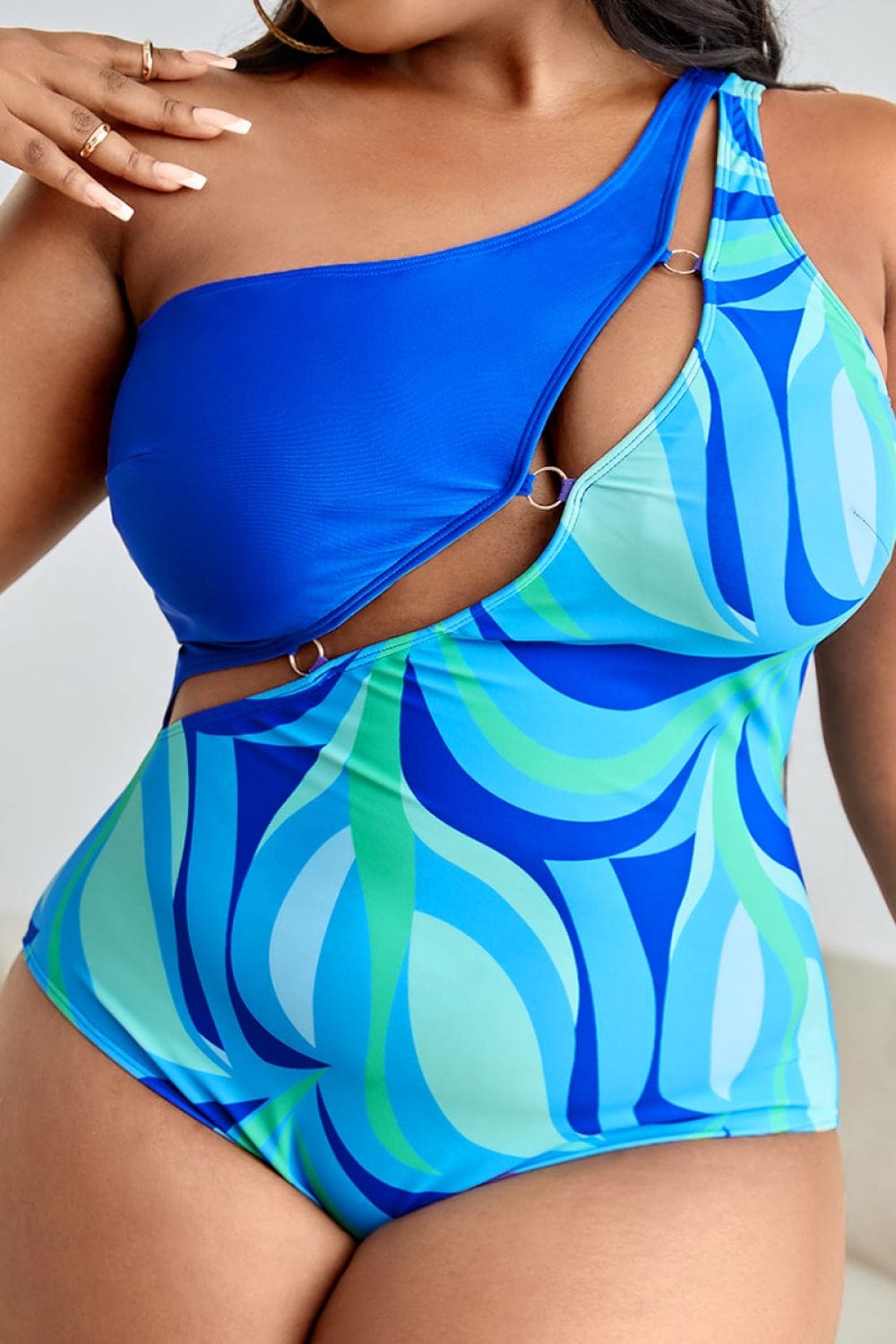 Plus Size Printed Ring Detail One-Shoulder One-Piece Swimsuit - Body By J'ne