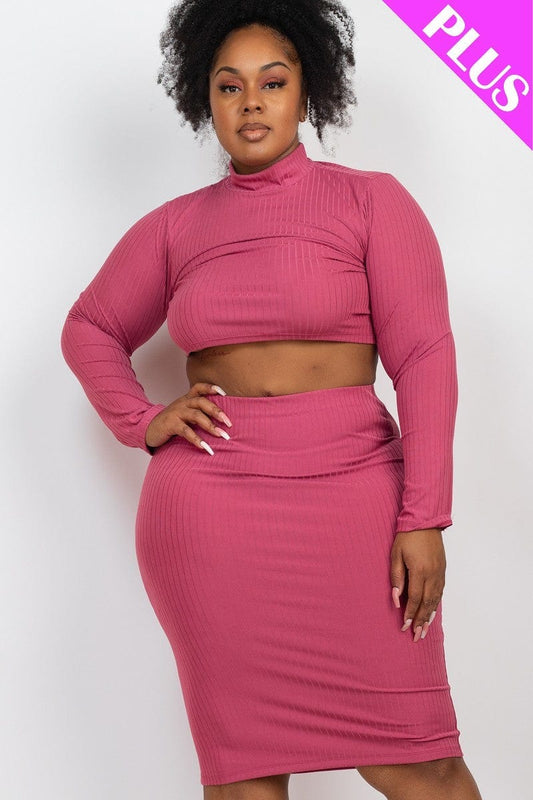 Plus Size Ribbed Mock Neck Crop Top & Midi Skirt Set - Body By J'ne