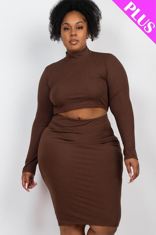 Plus Size Ribbed Mock Neck Crop Top & Midi Skirt Set - Body By J'ne