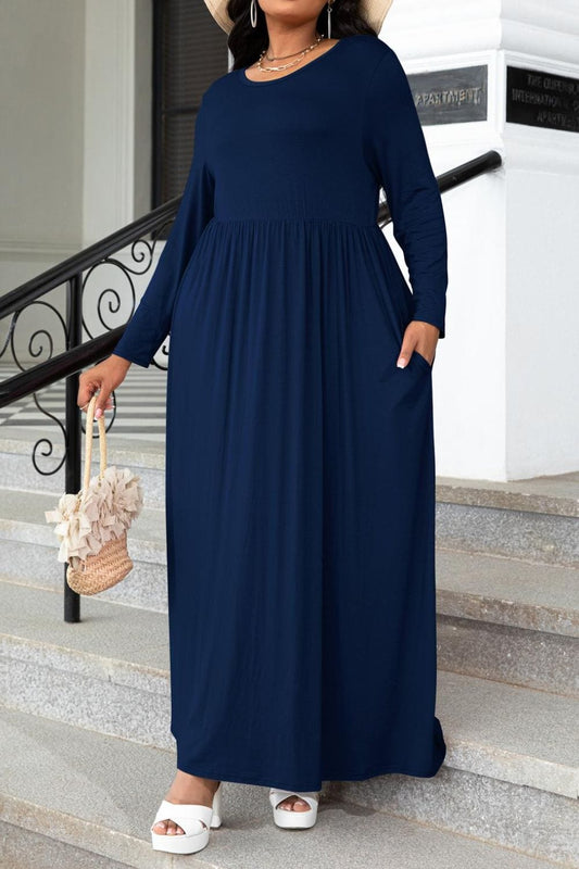 Plus Size Round Neck Long Sleeve Maxi Dress with Pockets - Body By J'ne