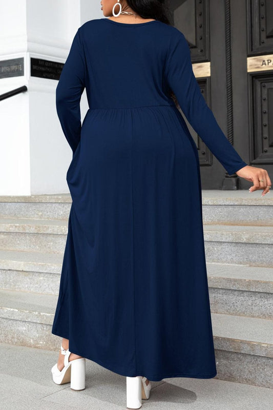 Plus Size Round Neck Long Sleeve Maxi Dress with Pockets - Body By J'ne