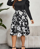 Plus Size Round Neck Puff Sleeve Printed Dress - Body By J'ne