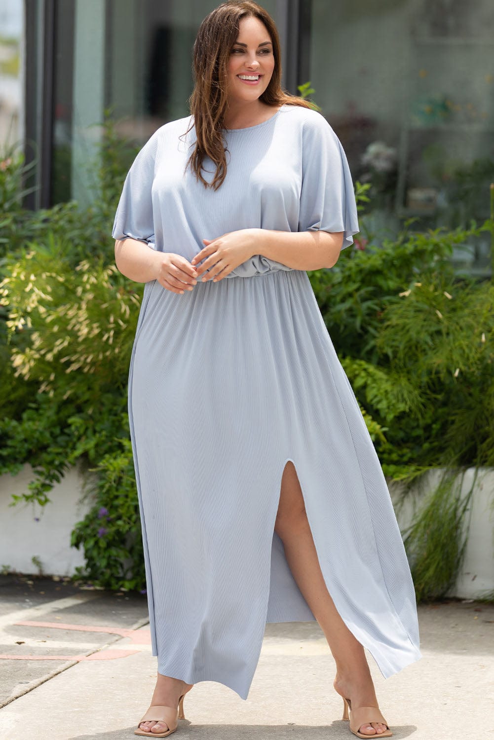 Plus Size Round Neck Split Flutter Sleeve Maxi Dress - Body By J'ne