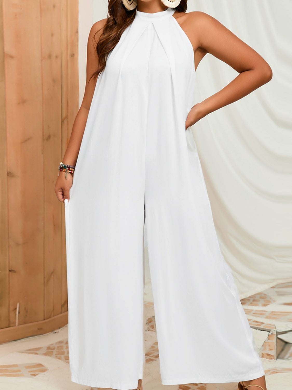 Plus Size Sleeveless Halter Neck Wide Leg Jumpsuit - Body By J'ne