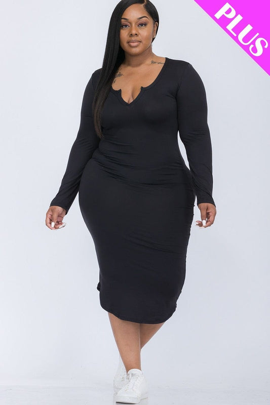 Plus Size Split Neck Long Sleeve Midi Dress - Body By J'ne