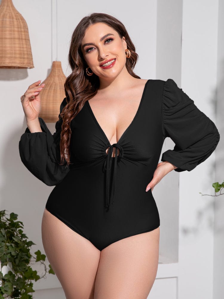 Plus Size Tied Deep V Balloon Sleeve One-Piece Swimsuit - Body By J'ne