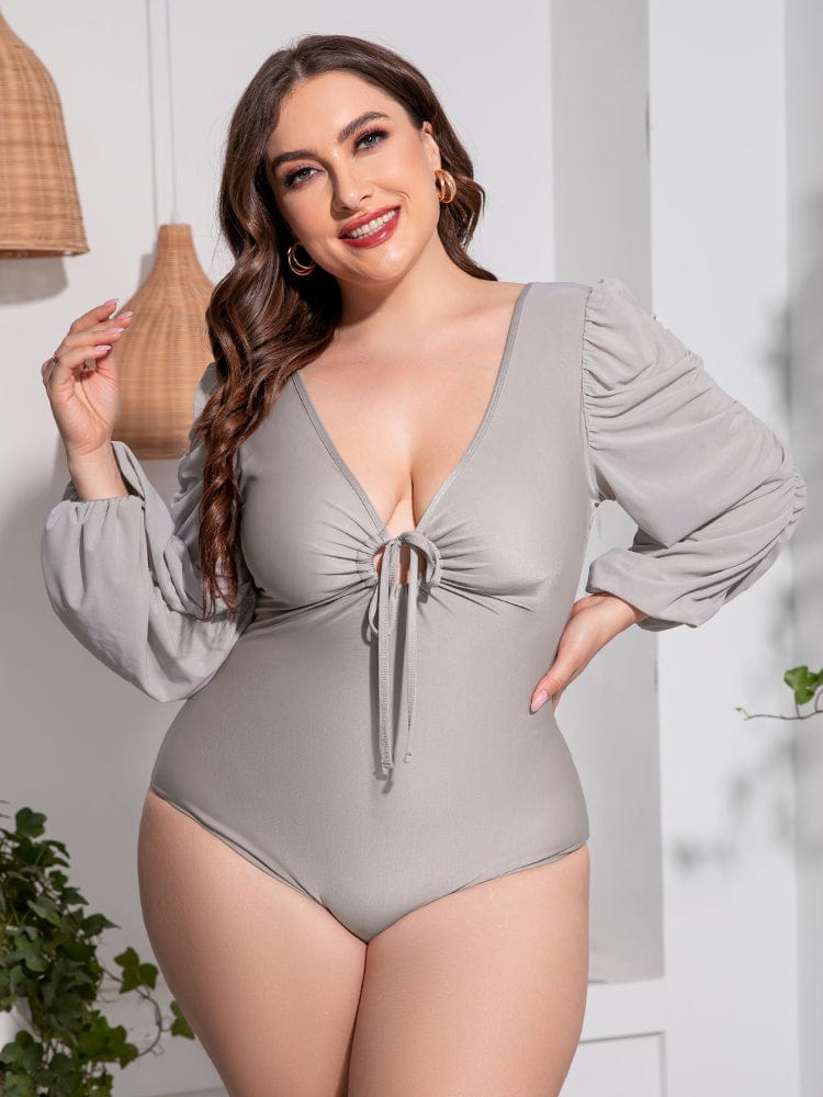 Plus Size Tied Deep V Balloon Sleeve One-Piece Swimsuit - Body By J'ne