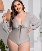 Plus Size Tied Deep V Balloon Sleeve One-Piece Swimsuit - Body By J'ne