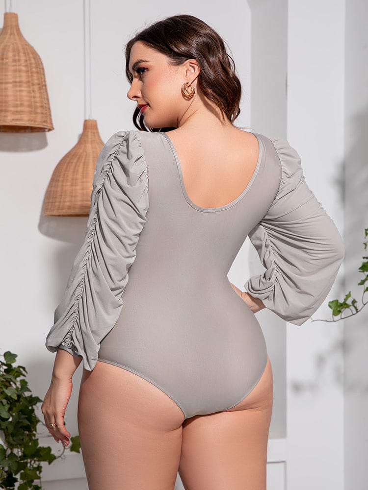 Plus Size Tied Deep V Balloon Sleeve One-Piece Swimsuit - Body By J'ne