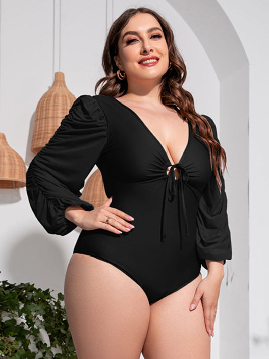 Plus Size Tied Deep V Balloon Sleeve One-Piece Swimsuit - Body By J'ne