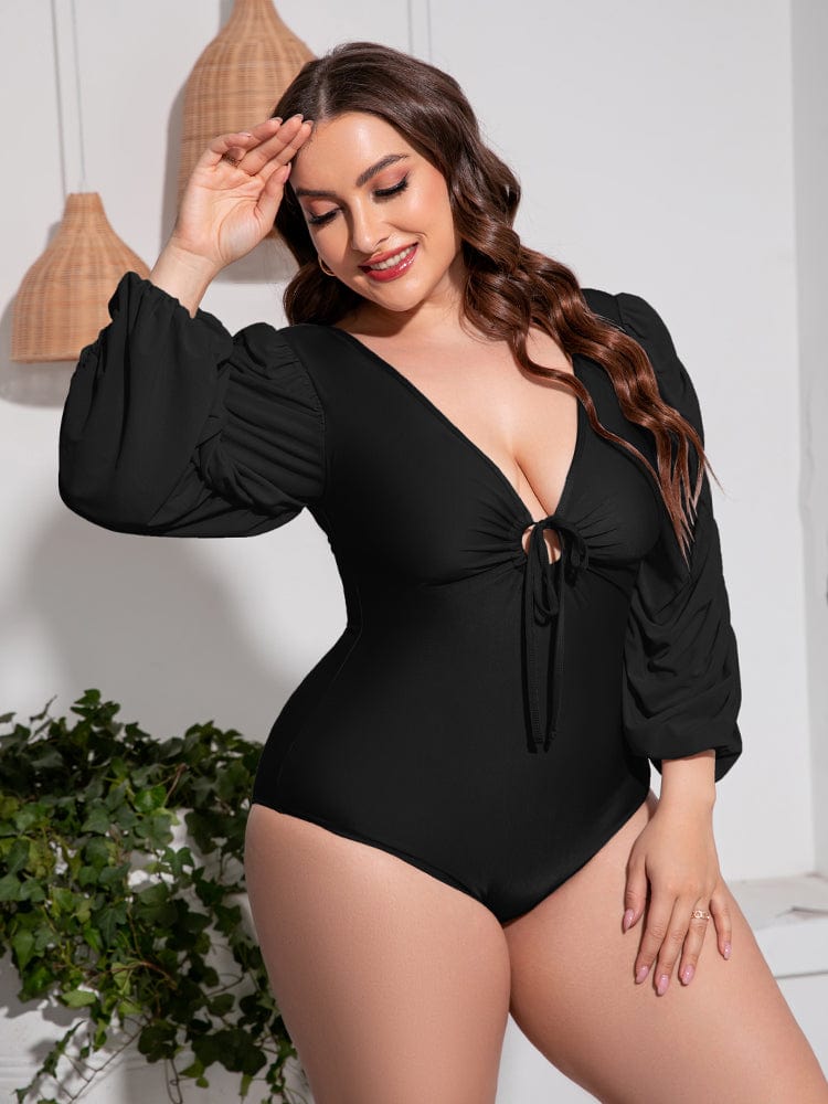 Plus Size Tied Deep V Balloon Sleeve One-Piece Swimsuit - Body By J'ne